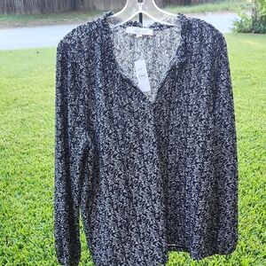 LOFT Black and White Leaf Patterned Blouse